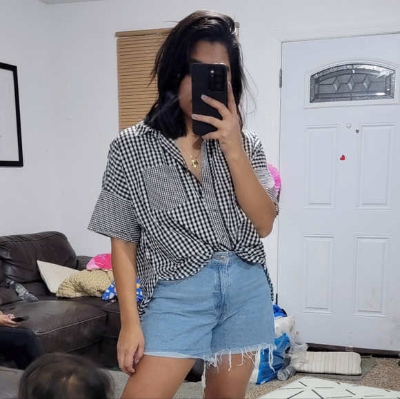 Madewell Tops - MADEWELL CHECKERED PRINT BLACK WHITE COLLARED SHIRT TOP LARGE 10 12